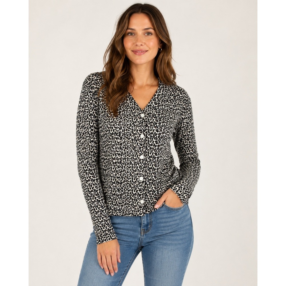 Petites by SML Silk Blend Leopard Print Cardigan Black White PM Petites M